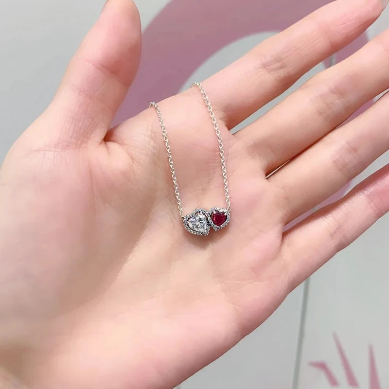New in Rings Colorful Zircon Shining Red Heart-shaped Jewelry Sets Double Heart Classic Ring Necklace Earrings Luxury Jewelry - She Vibess By C2P