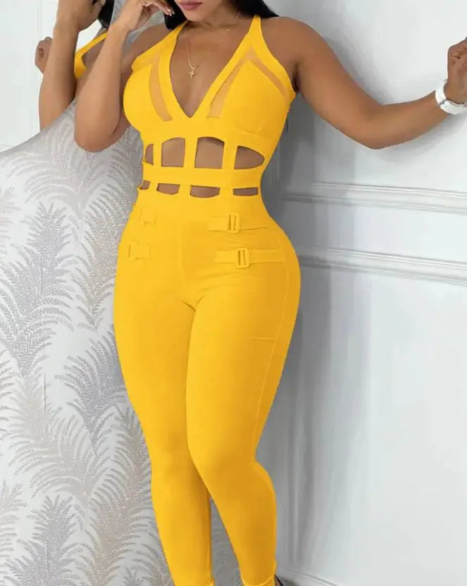 Women's jumpsuit 2025 summer new sleeveless new fashionable hollow camisole buckle comparison mesh tight jumpsuit - She Vibess By C2P