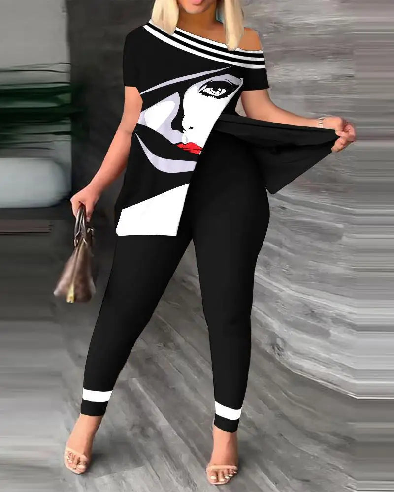 Elegant Women Two Piece Set Suits New Fashion Printed Ruffle Sleeve Top Solid Color Pants Set With Belt Blouses Female Clothing - She Vibess By C2P