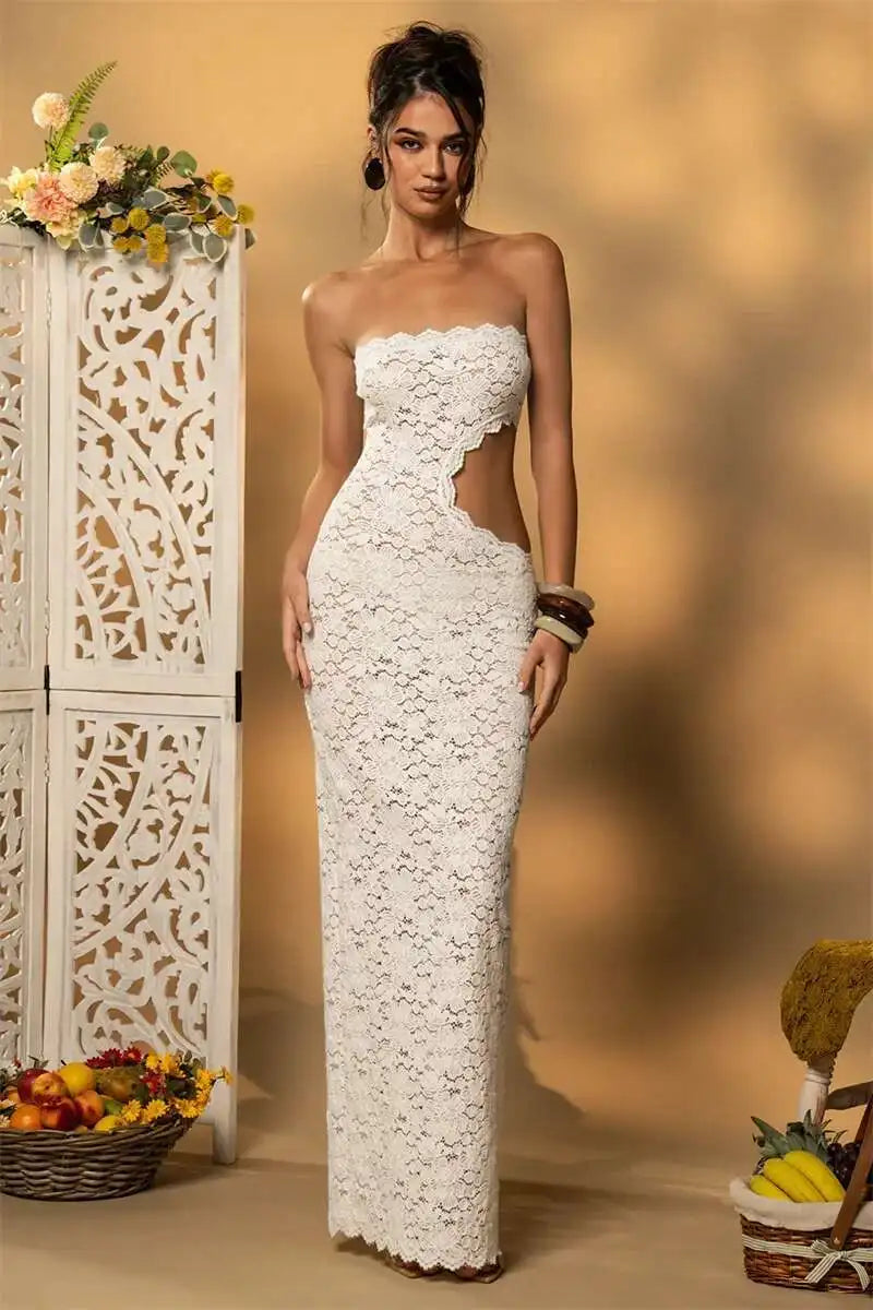 Blifanbo Backless Sexy Off-shoulder Maxi Dress Women Lace Sleeveless Strapless Hollow Out Skinny Club Party Long Dress Elegant - She Vibess By C2P