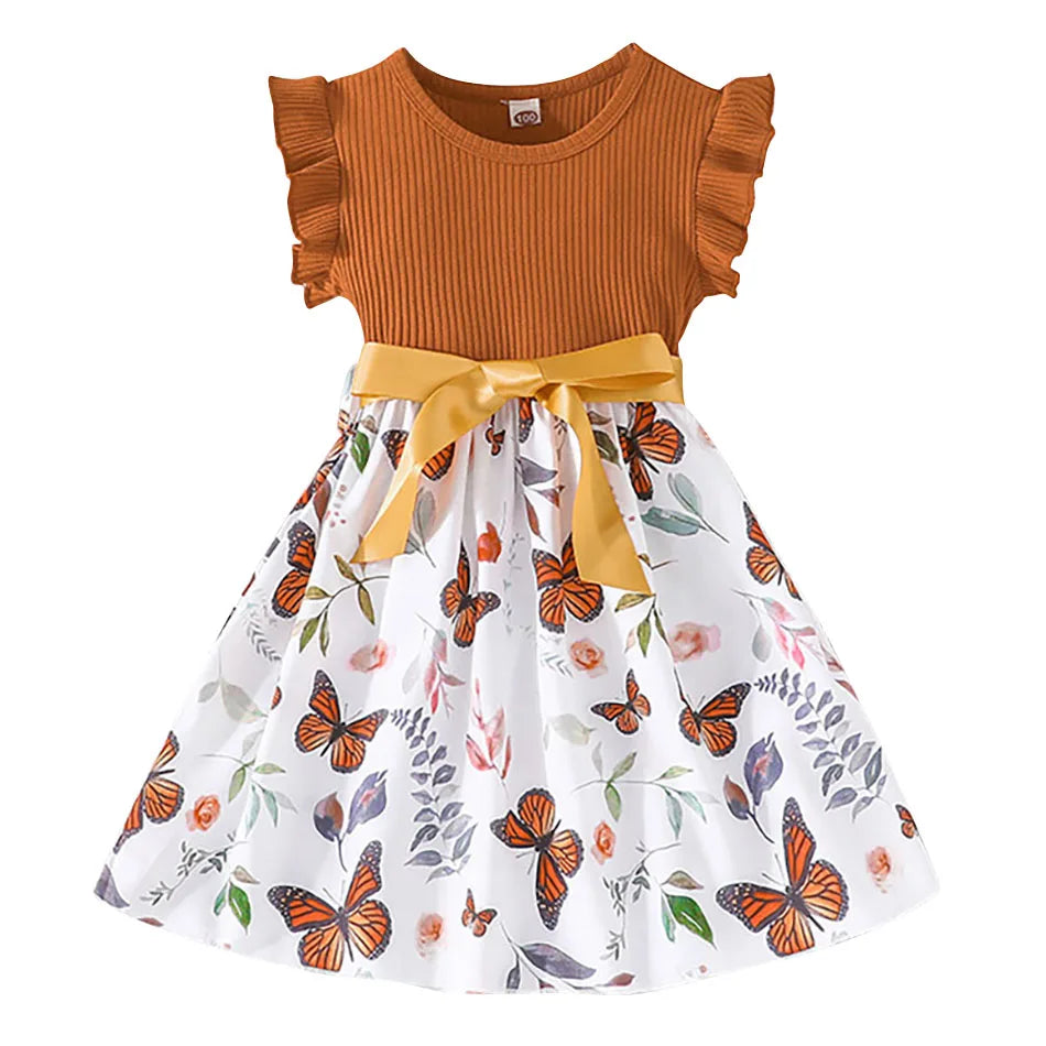 Cute and Comfortable Girls Summer Dress with Butterfly Print and Pitted Stripes Wear Special Occasions Girls Casual Dresses - She Vibess By C2P