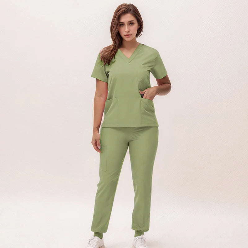2025 New Nurse Uniforms V-neck Top Jogger Pants Scrub Sets Surgical Workwear Dentist Nursing Suit Hospital Doctor Outfit S21 - She Vibess By C2P