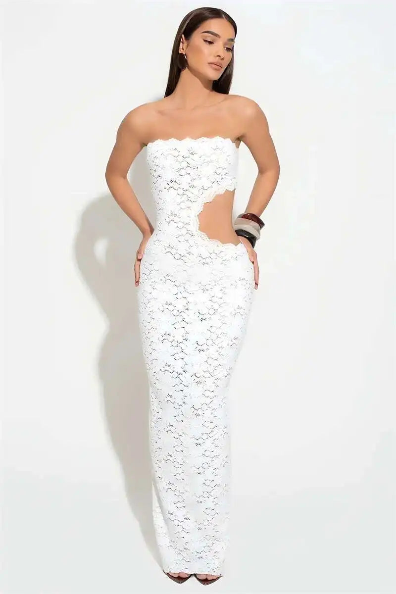Blifanbo Backless Sexy Off-shoulder Maxi Dress Women Lace Sleeveless Strapless Hollow Out Skinny Club Party Long Dress Elegant - She Vibess By C2P
