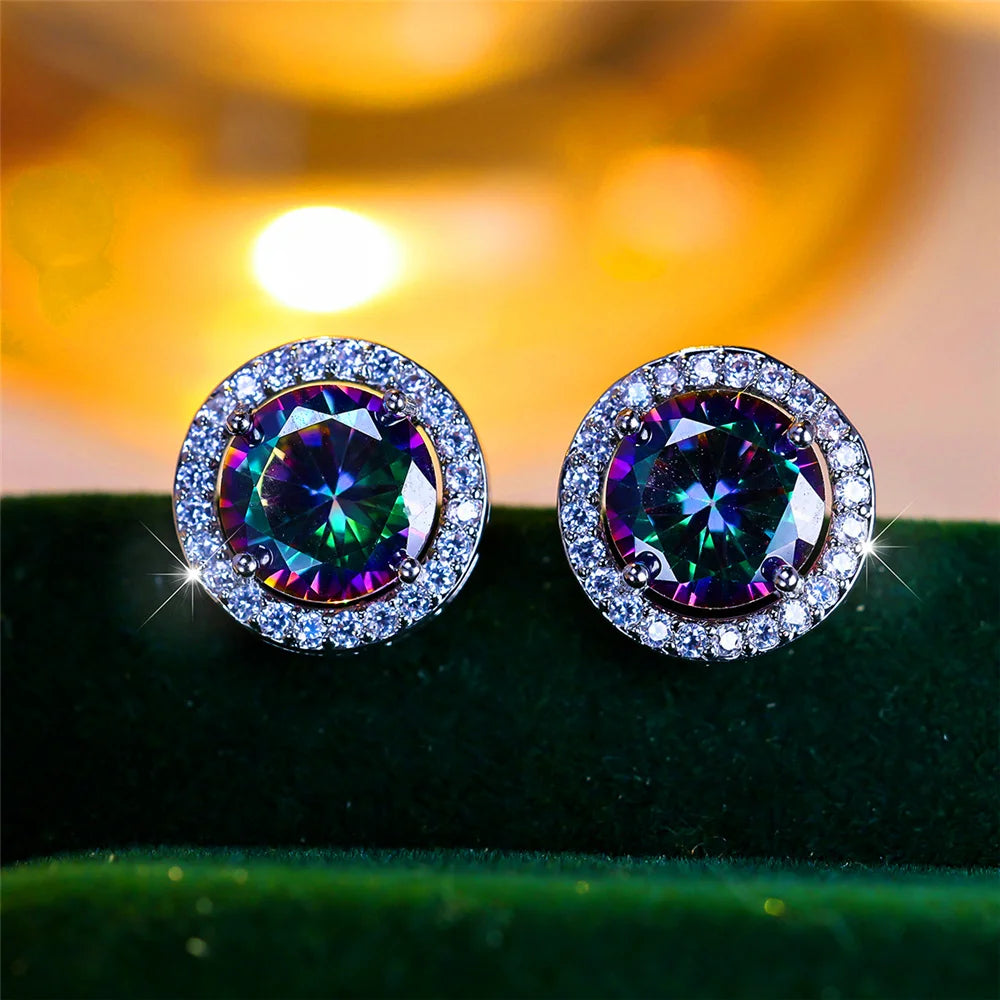Luxury Female Crystal Purple Blue Green Round Stud Earrings Silver Color Wedding Jewelry For Women - She Vibess By C2P
