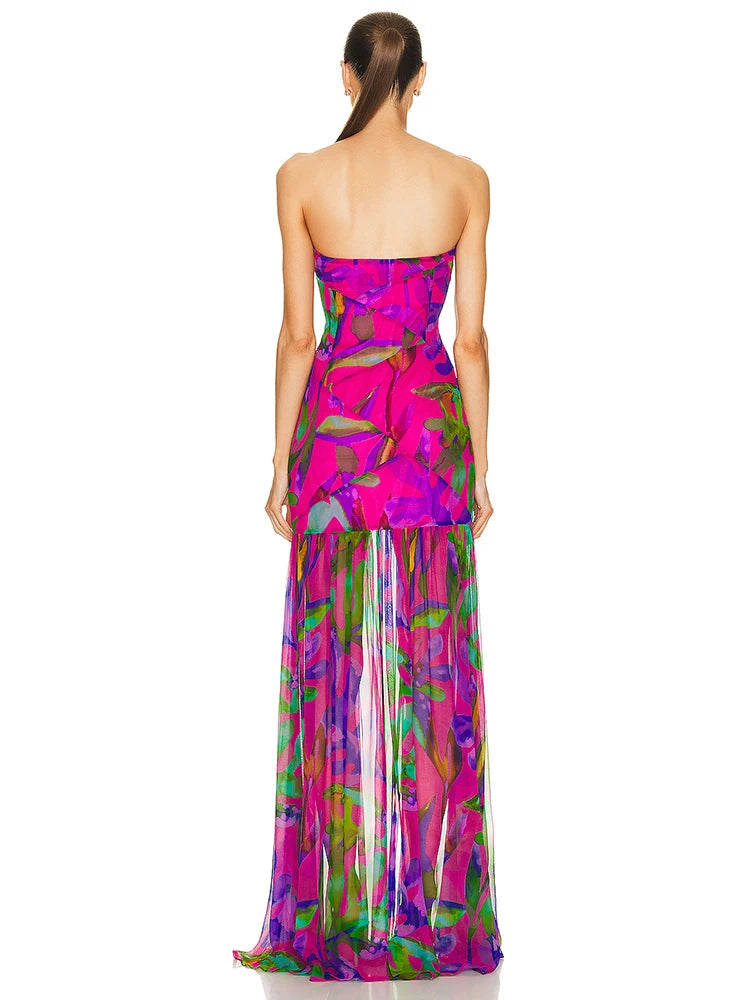 Summer Strapless Floral Printed Long Dress Women Fashion Sleeveless Print Split Maxi Dress Elegant Beach Party Evening Dresses - She Vibess By C2P