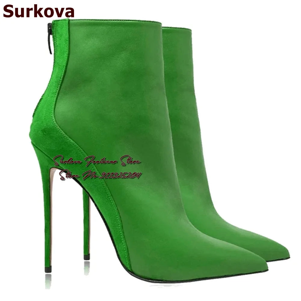 Surkova Red Snakeskin Patchwork Suede Pointed Toe Ankle Boots Women Python Thin High Heel Short Booties Back Zipper Dress Shoes - She Vibess By C2P