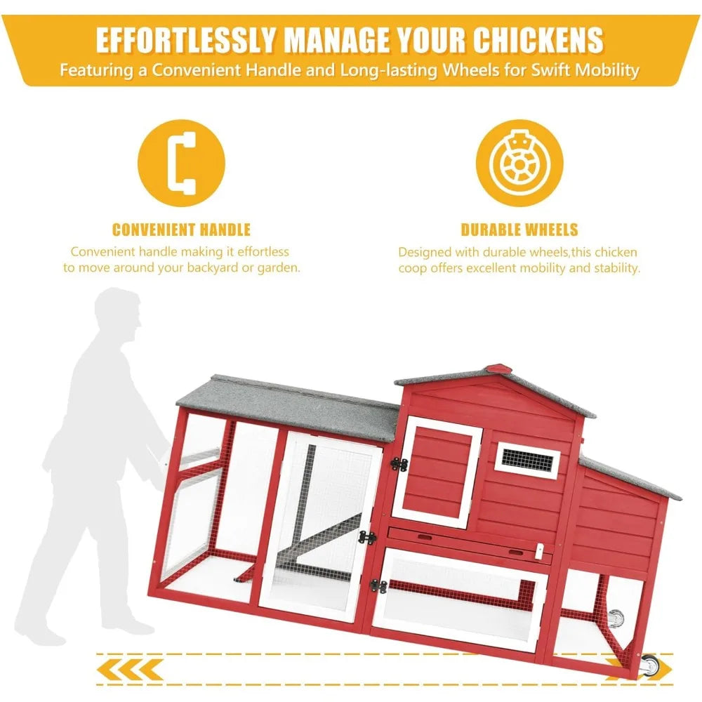 136" Chicken Coop with Wheels, Backyard Wooden Hen House Outdoor for 1-6 Chickens, 2 Story Poultry Cage Chicken Coop and Run, Ne - She Vibess By C2P