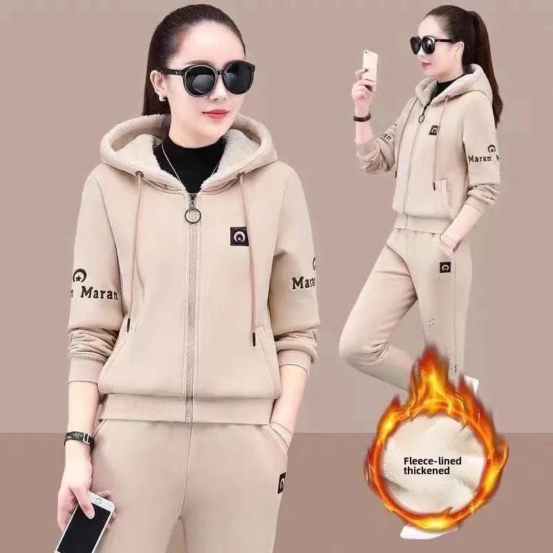 Fashionable Thickened Fleece Set Women's Loose Casual Outfit Hoodie with Pocket Two-Piece Autumn Winter Style Streetwear - She Vibess By C2P
