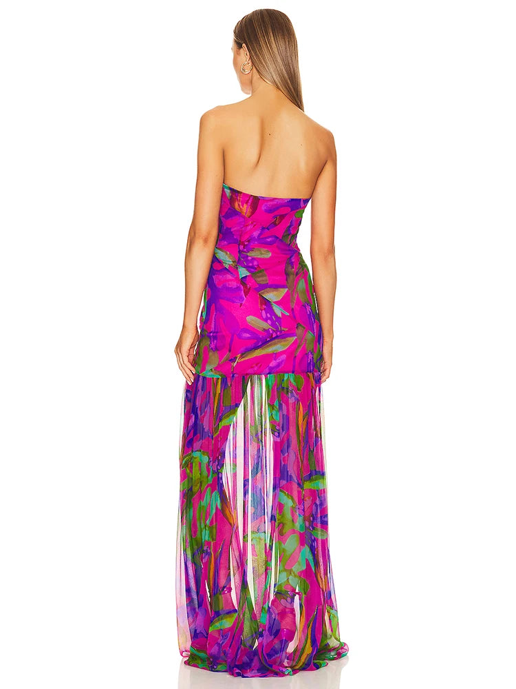 Summer Strapless Floral Printed Long Dress Women Fashion Sleeveless Print Split Maxi Dress Elegant Beach Party Evening Dresses - She Vibess By C2P