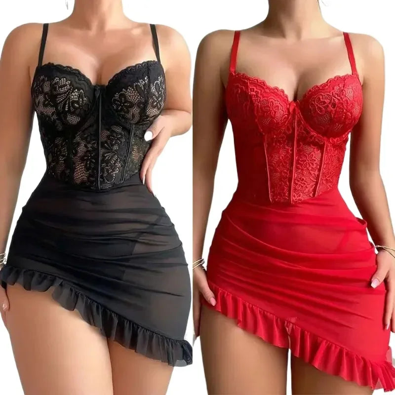 Transparent Underwire Bra Erotic Set Sexy Fairy Lingerie Women's See Through Lace Nightdress Pajamas Sets Delicate Sexy Nighty-I’m Over 21 - She Vibess By C2P