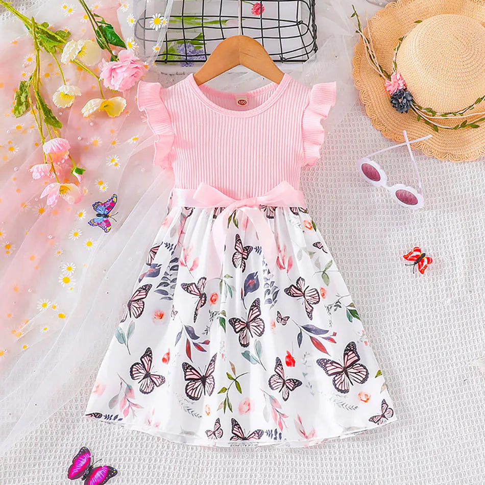 Cute and Comfortable Girls Summer Dress with Butterfly Print and Pitted Stripes Wear Special Occasions Girls Casual Dresses - She Vibess By C2P