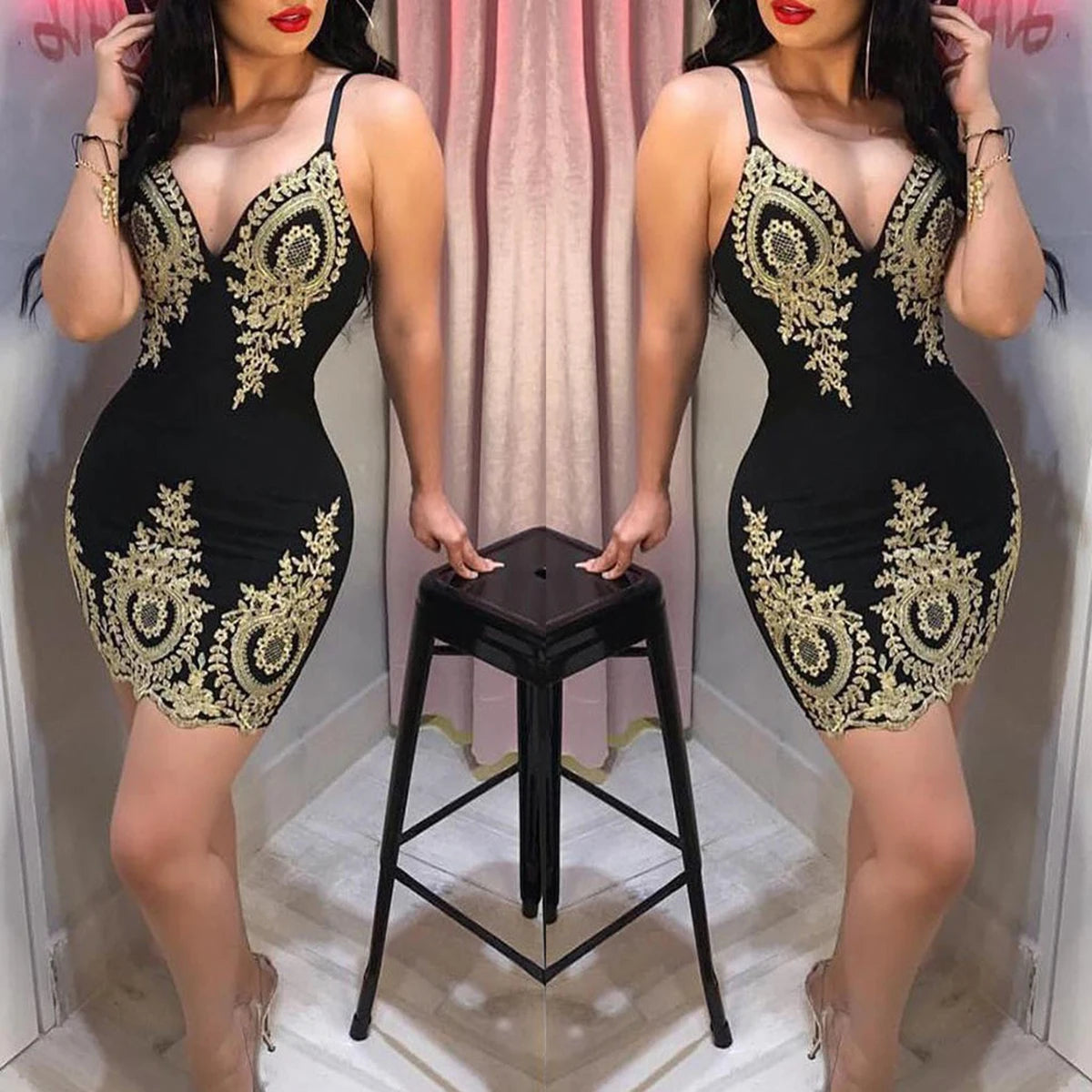 Sexy summer party halter dress Sleeveless slim-fit mini dress with low neck and halter back - She Vibess By C2P