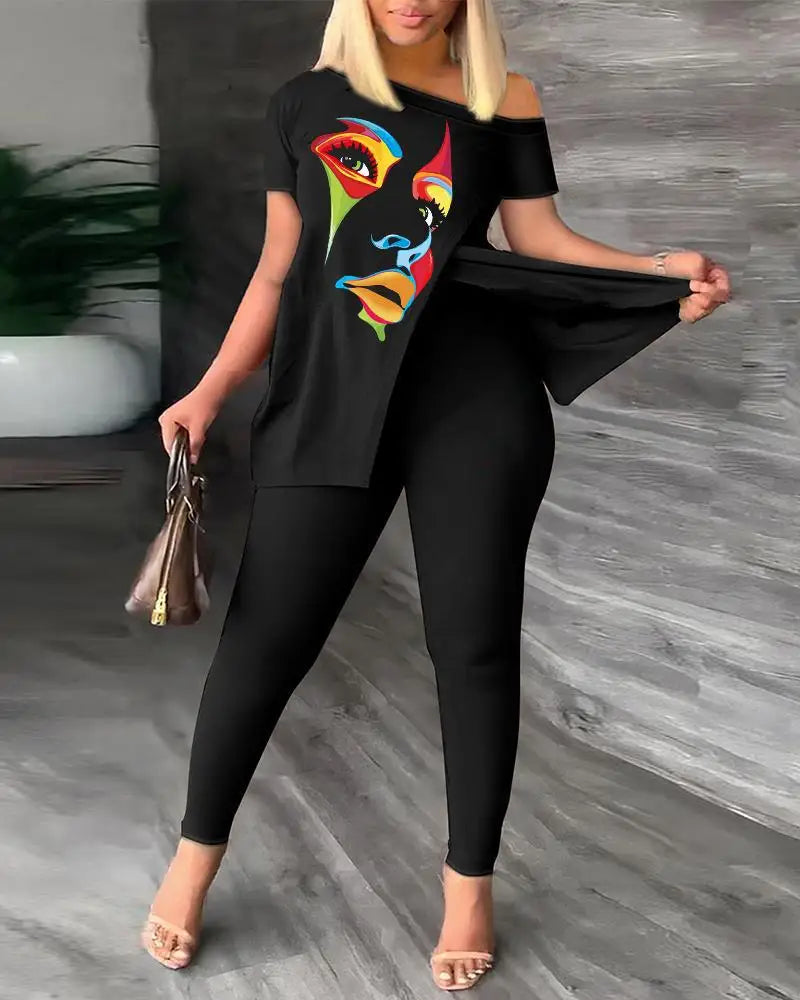 Elegant Women Two Piece Set Suits New Fashion Printed Ruffle Sleeve Top Solid Color Pants Set With Belt Blouses Female Clothing - She Vibess By C2P