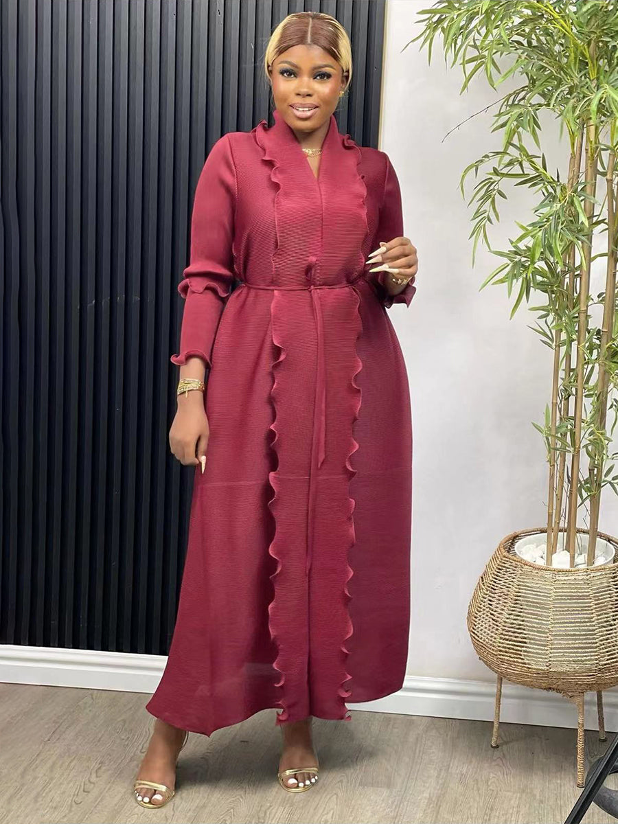 EGRM Miyake Pleated Maxi Long Dress Solid Ruffles Full Sleeve with Belt Formal Dresses for Women 2024 Summer New Hot Sales 8R295 - She Vibess By C2P