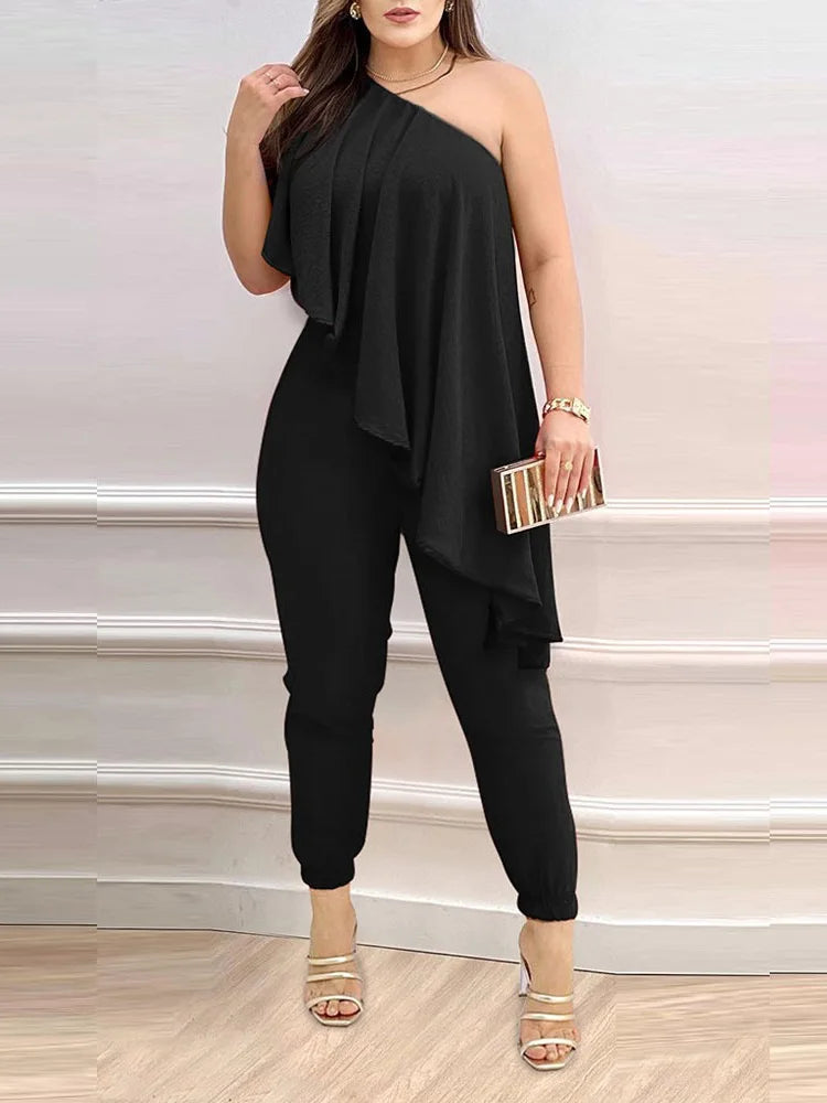 New Pencil Pants Playsuits Women Summer Loungewear Printing Fashion Skew Collar Sleeveless Ruffles Ladies Jumpsuits - She Vibess By C2P