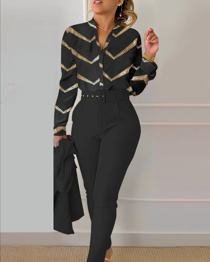 Autumn Winter Stand Neck Floral Print Long Sleeve Shirt Pants Two Piece Sets Elegant Women Casual Shirt Trousers Suits With Belt - She Vibess By C2P