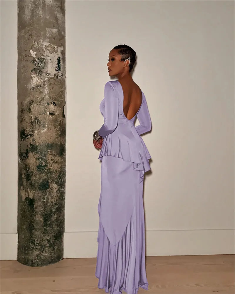 Mozision Backless Ruffled Sexy Maxi Dress For Women Gown Fashion O Neck Long Sleeve Thigh High Split Evening Long Dress Elegant - She Vibess By C2P