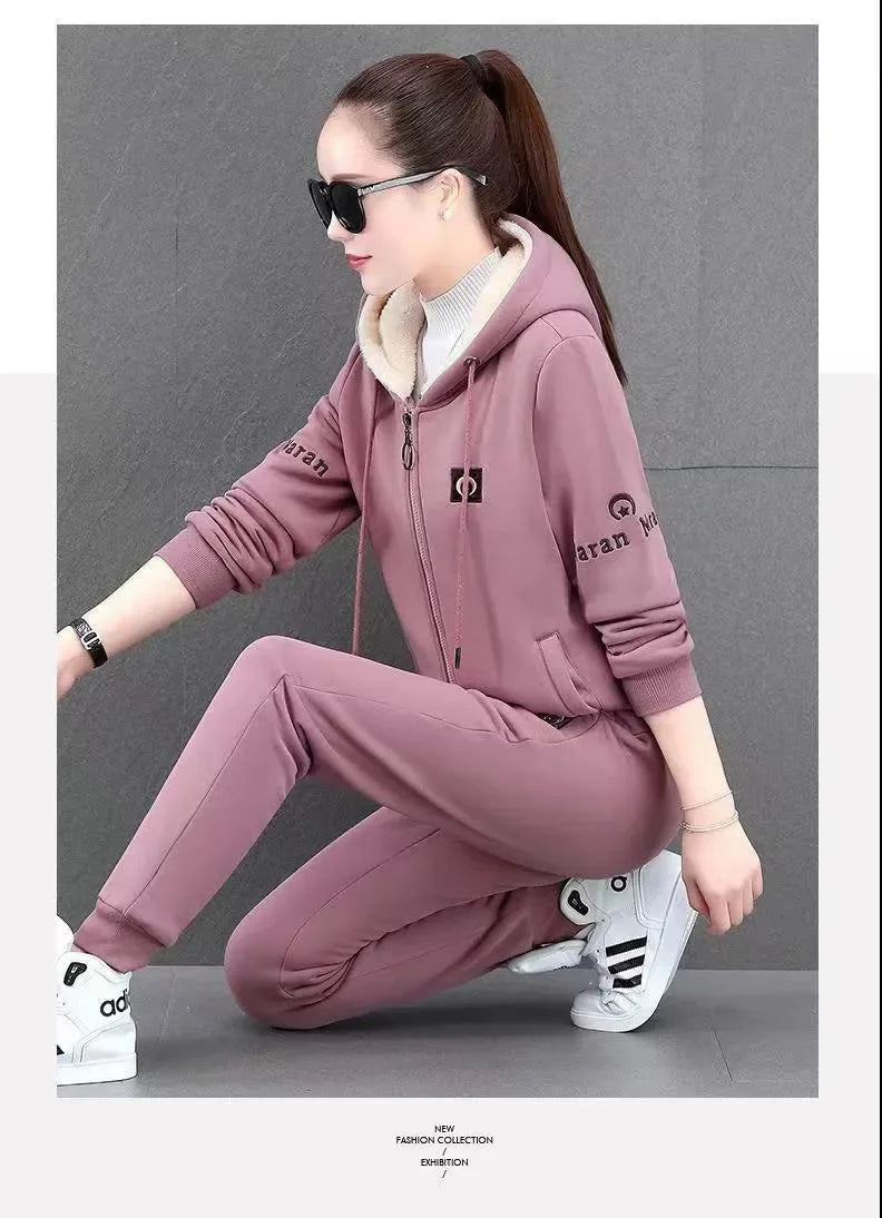 Fashionable Thickened Fleece Set Women's Loose Casual Outfit Hoodie with Pocket Two-Piece Autumn Winter Style Streetwear - She Vibess By C2P