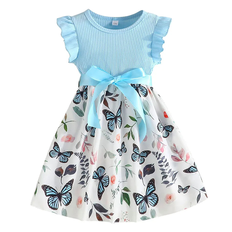 Cute and Comfortable Girls Summer Dress with Butterfly Print and Pitted Stripes Wear Special Occasions Girls Casual Dresses - She Vibess By C2P