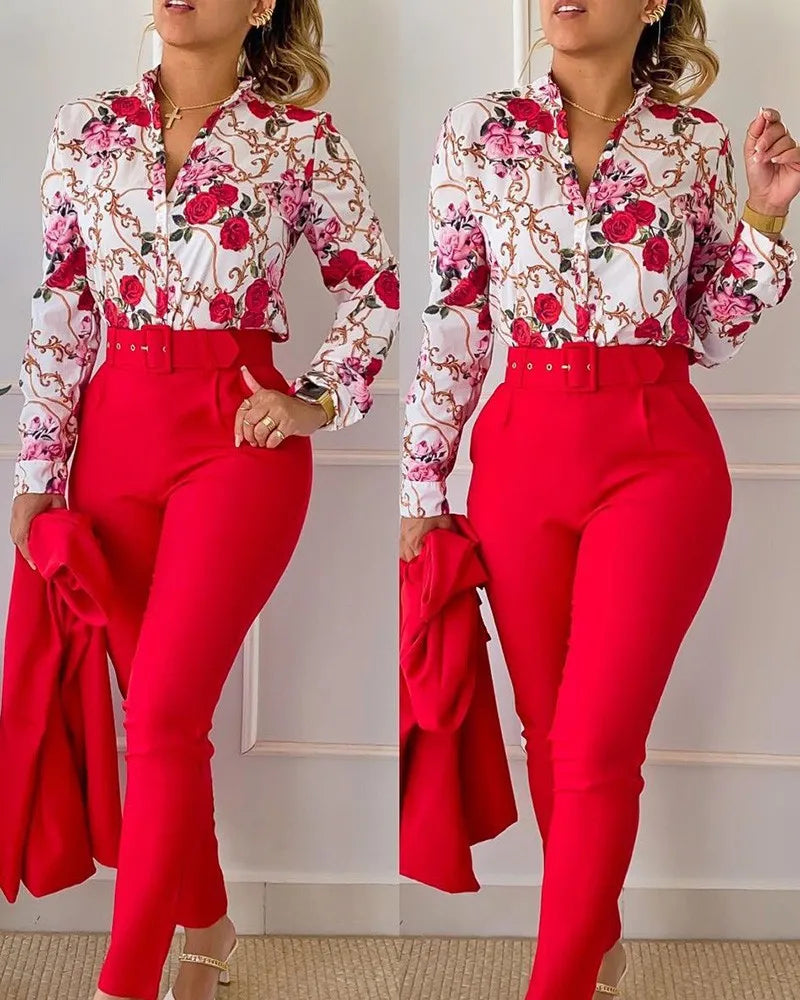 Autumn Winter Stand Neck Floral Print Long Sleeve Shirt Pants Two Piece Sets Elegant Women Casual Shirt Trousers Suits With Belt - She Vibess By C2P