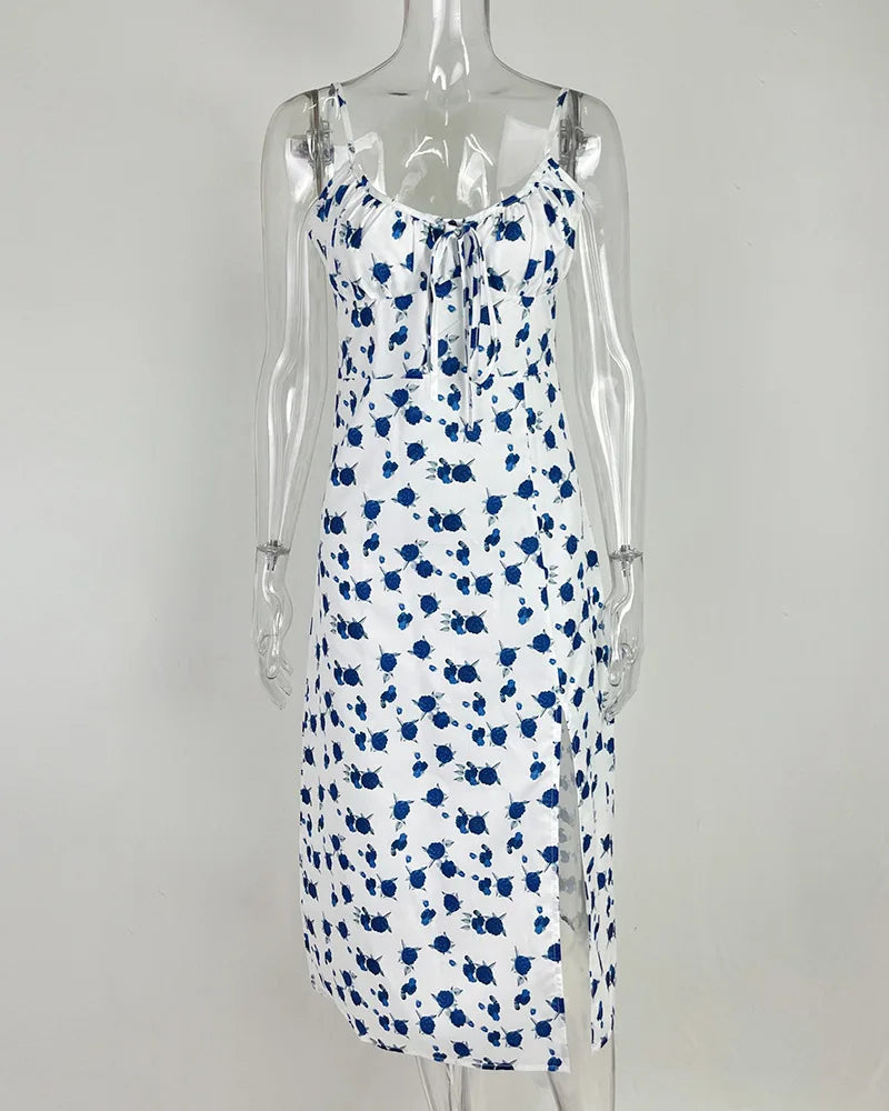 Flower Printed Spaghetti Strap Dresses For Women Sexy Low Cut Beach Party Slim Slit Dress Chic Bodycon Lady Sleeveless Vestidos - She Vibess By C2P