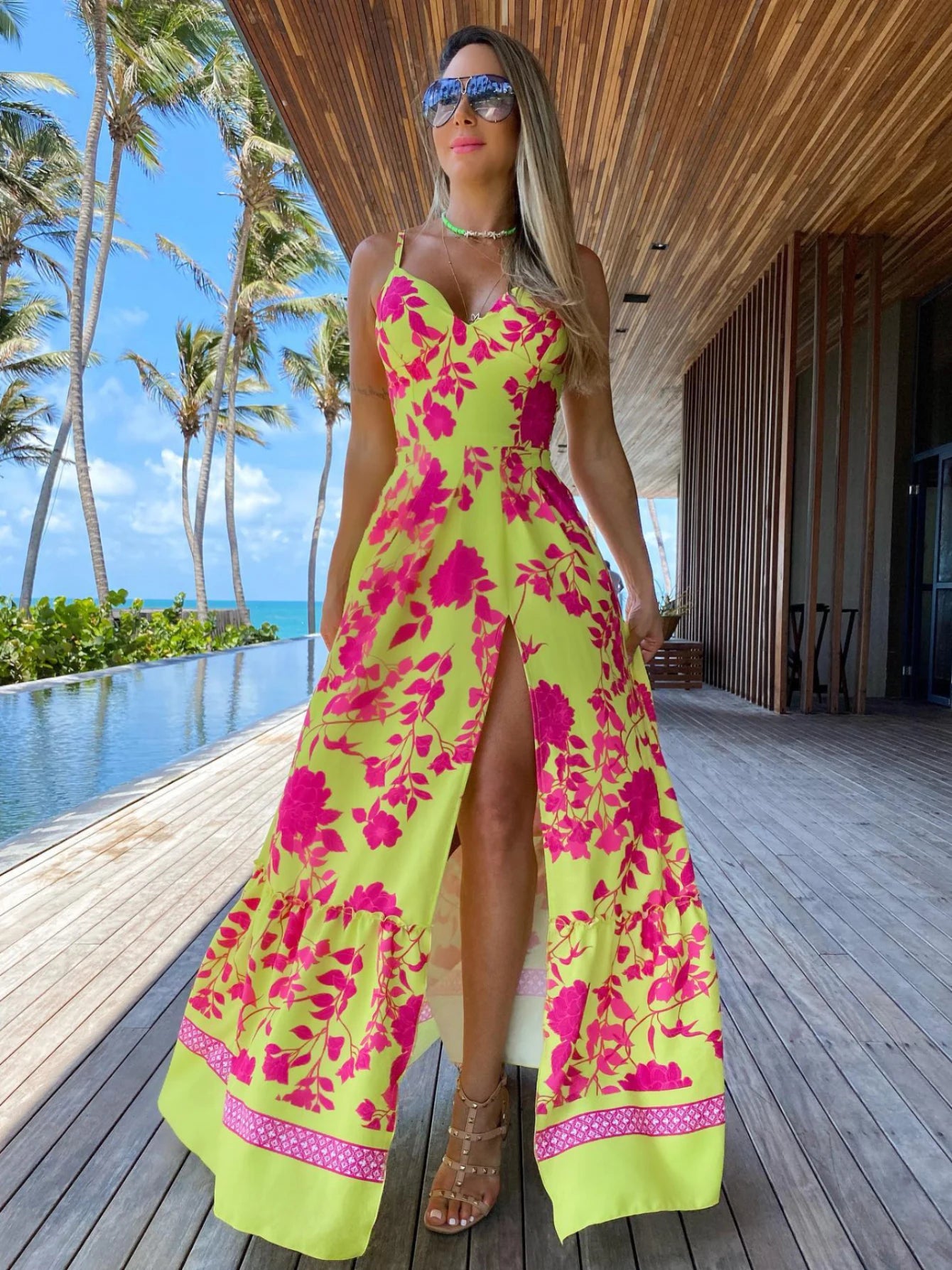 Summer Print Long Dress Women Clothing Lace Up Sling Party Dresses Pattern Strappy Ladies Hollow Out V-Neck Beach Vestidos - She Vibess By C2P