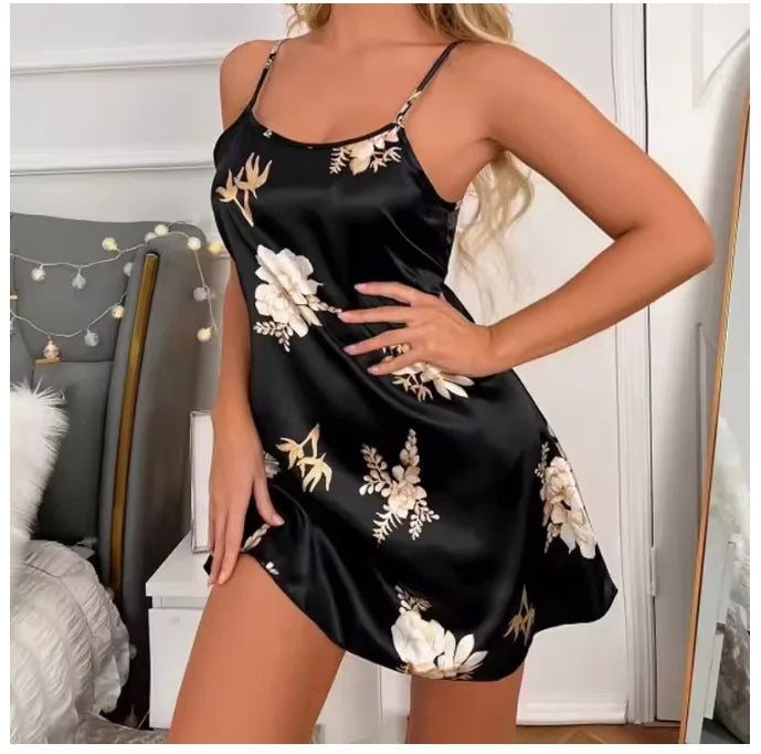 Women Nightwear Home Clothes Sexy Black Floral Printing Nightdress Sleepwear Nightshirts Silk Sleepshirts Nightgowns For Woman - She Vibess By C2P