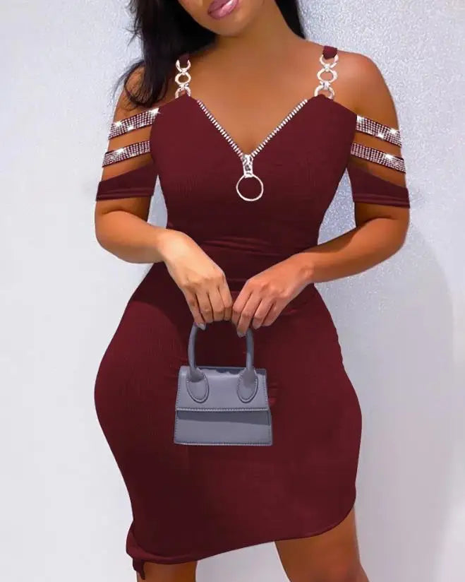 New Fashion 2025 Summer Casual Sexy Colorblock Cold Shoulder Bodycon Skinny Mini Dress Elegant Dresses for Women - She Vibess By C2P