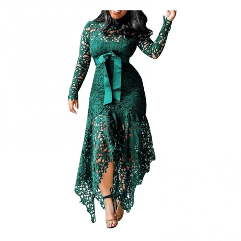 Bowtie Women Lace Dress 2024 Autumn Long Sleeve Stain Bow Belted Irregular Hem Hollow Out Sexy Bodycon Dress Evening Party Dress - She Vibess By C2P