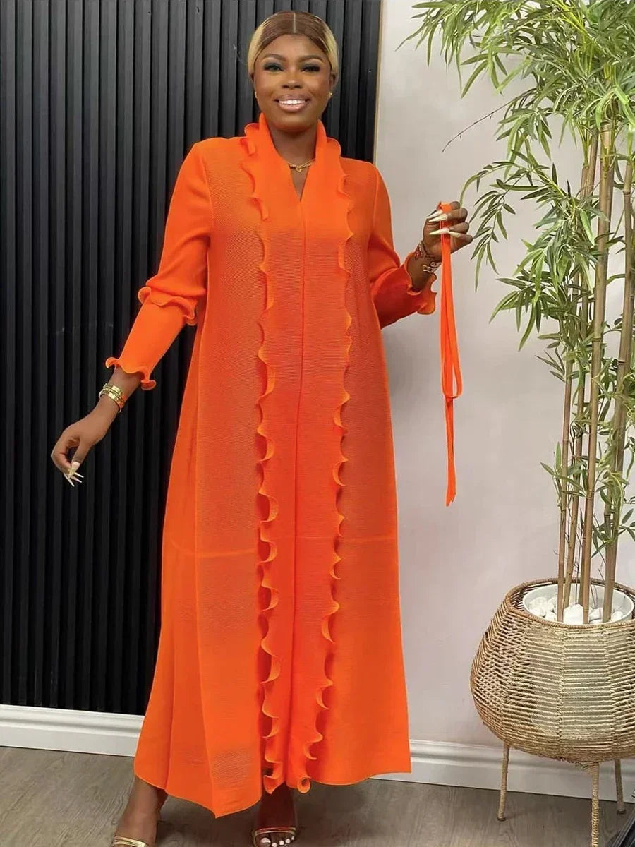 EGRM Miyake Pleated Maxi Long Dress Solid Ruffles Full Sleeve with Belt Formal Dresses for Women 2024 Summer New Hot Sales 8R295 - She Vibess By C2P
