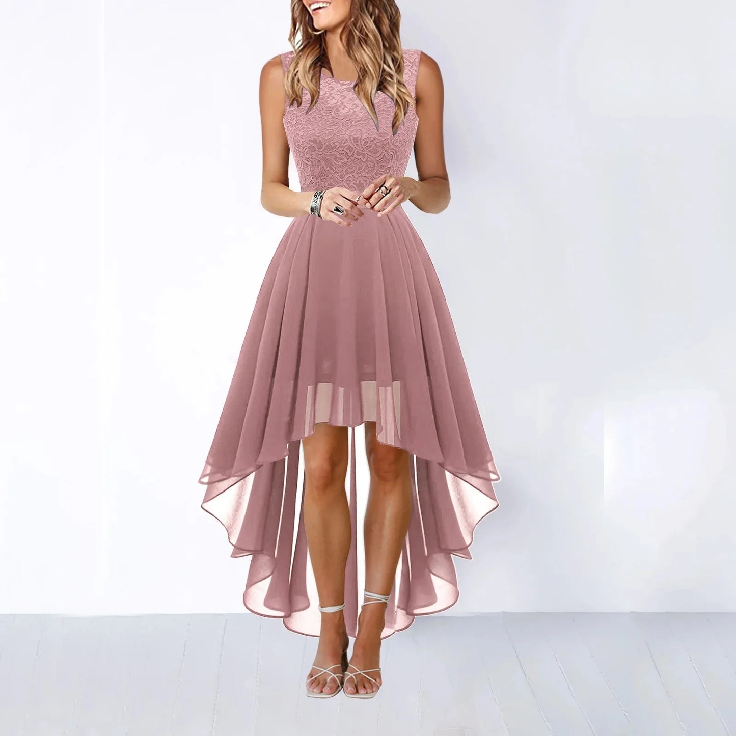 Spring Summer 2025 Hollow out Waist Cinched Lace Evening Dress Midi Skirt Sleeveless round Neck Polyester Fabric Empire Waist - She Vibess By C2P