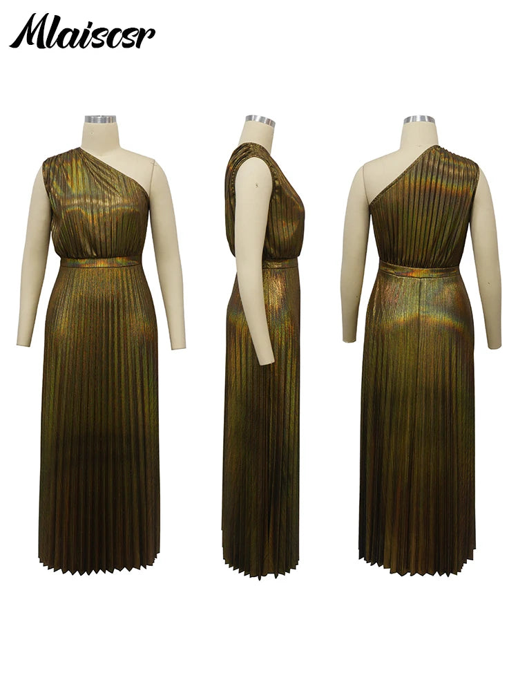 Mlaiscsr Metallic Golden One Shoulder Sleeveless Pleated A-Line Long Dress Elegant Women Luxury Birthday Evening Gowns Vestidos - She Vibess By C2P