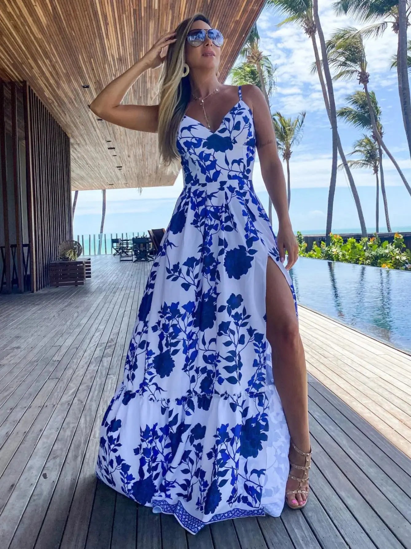 Summer Print Long Dress Women Clothing Lace Up Sling Party Dresses Pattern Strappy Ladies Hollow Out V-Neck Beach Vestidos - She Vibess By C2P