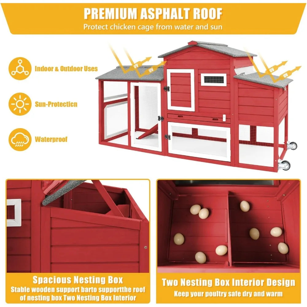 136" Chicken Coop with Wheels, Backyard Wooden Hen House Outdoor for 1-6 Chickens, 2 Story Poultry Cage Chicken Coop and Run, Ne - She Vibess By C2P