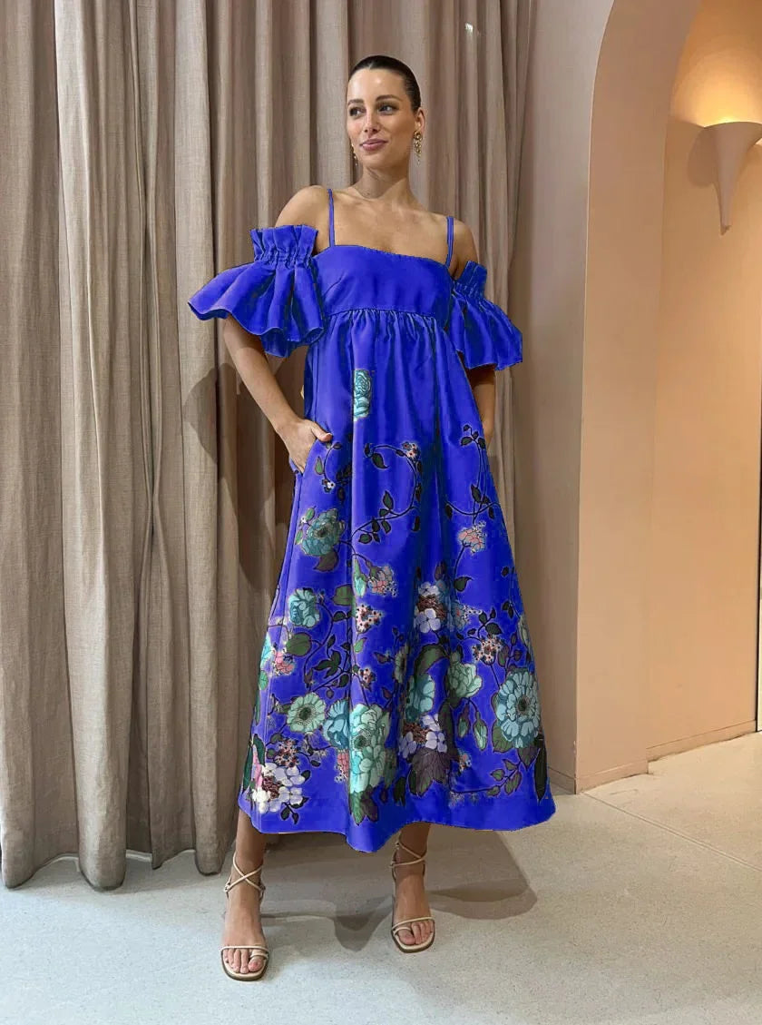 SoleVibe™ 2024 One-Shoulder Vintage Print Dress – Sexy Halter, Hidden Pockets, and Elegant Summer Party Vibes - She Vibess By C2P
