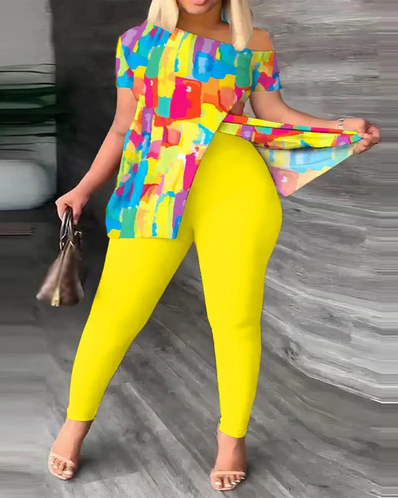 Elegant Women Two Piece Set Suits New Fashion Printed Ruffle Sleeve Top Solid Color Pants Set With Belt Blouses Female Clothing - She Vibess By C2P