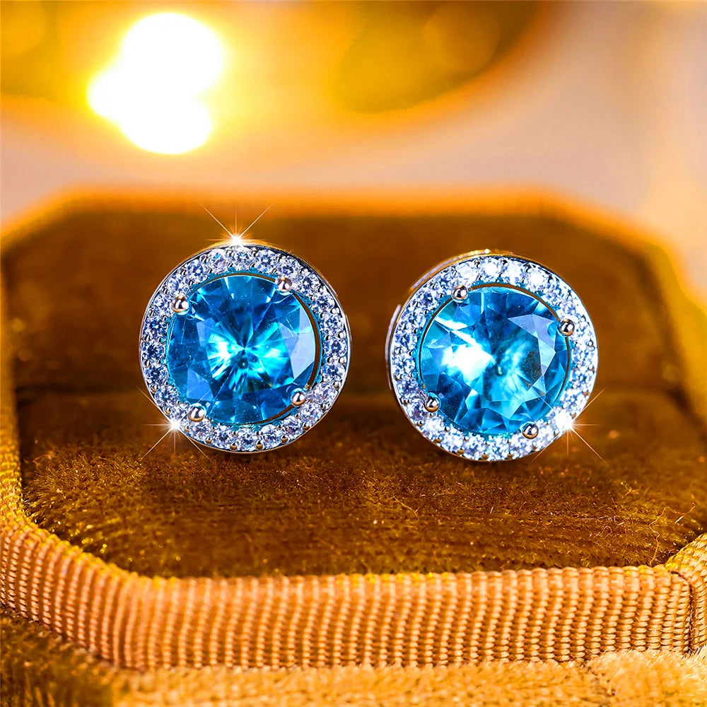 Luxury Female Crystal Purple Blue Green Round Stud Earrings Silver Color Wedding Jewelry For Women - She Vibess By C2P