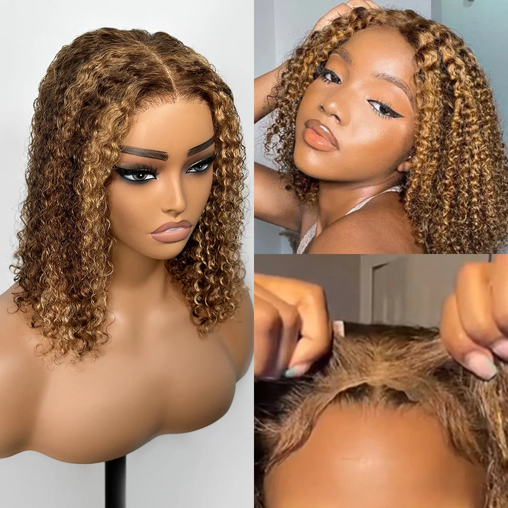 Deep Wave Honey Blonde Glueless Bob Wigs Human Hair Pre Plucked Pre Cut Highlight Wear and Go Curly Wigs Ombre HD Lace Front Wig - She Vibess By C2P