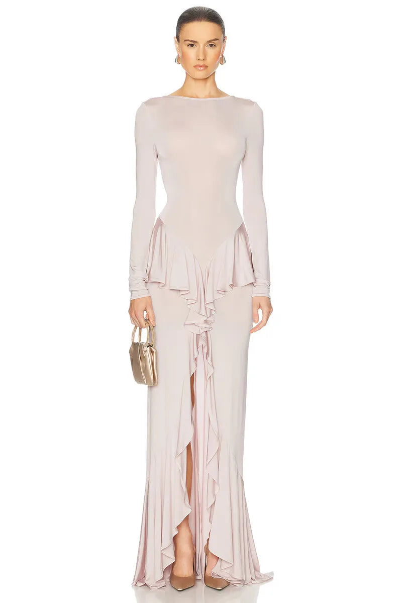 Mozision Backless Ruffled Sexy Maxi Dress For Women Gown Fashion O Neck Long Sleeve Thigh High Split Evening Long Dress Elegant - She Vibess By C2P