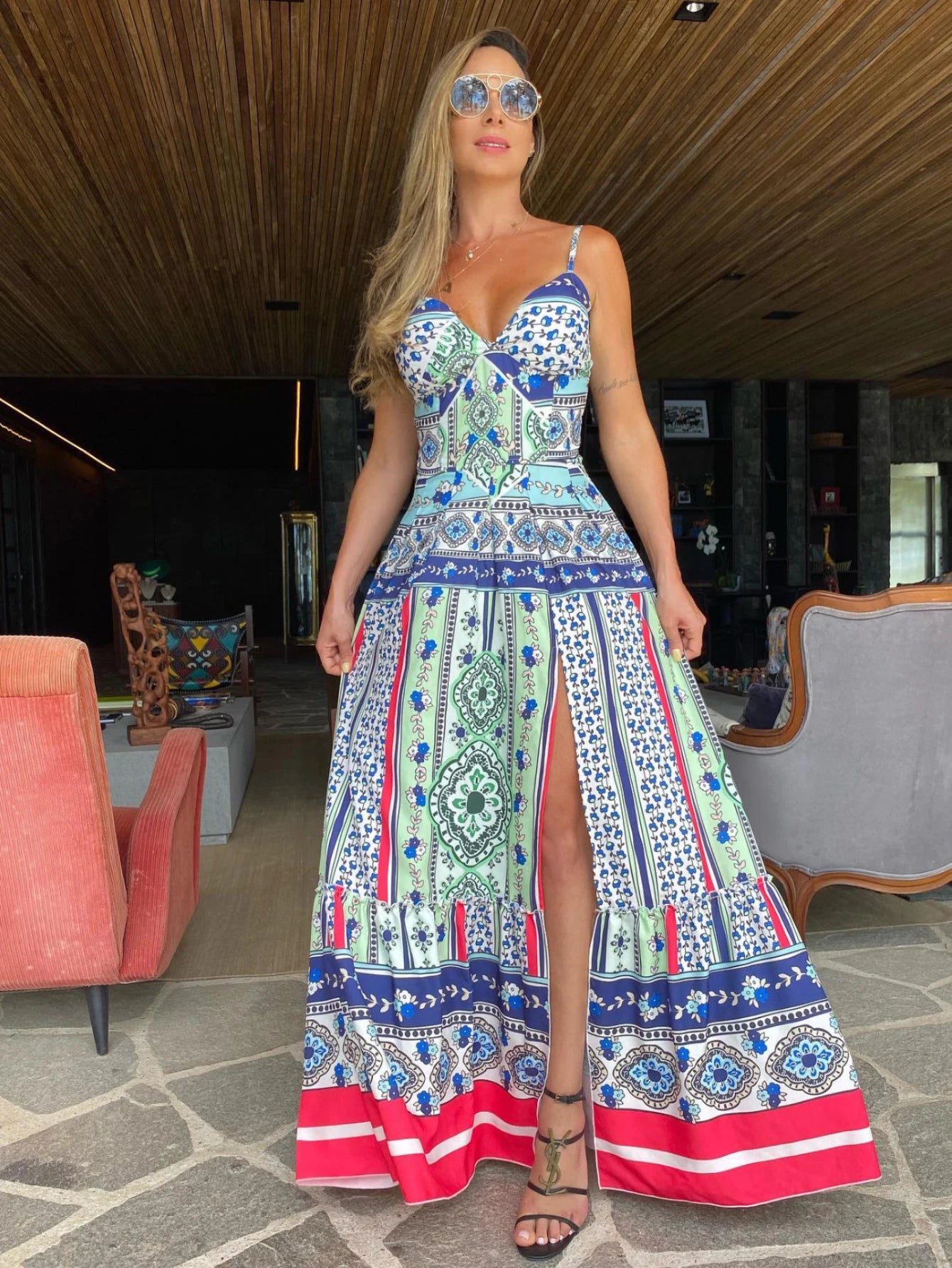 Summer Print Long Dress Women Clothing Lace Up Sling Party Dresses Pattern Strappy Ladies Hollow Out V-Neck Beach Vestidos - She Vibess By C2P