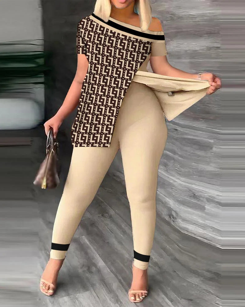 Elegant Women Two Piece Set Suits New Fashion Printed Ruffle Sleeve Top Solid Color Pants Set With Belt Blouses Female Clothing - She Vibess By C2P