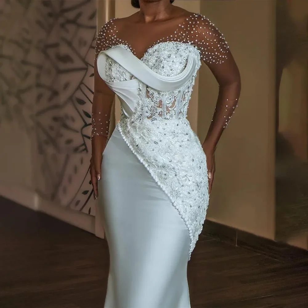 On Zhu Customized Luxury Beads Lace Wedding Dresses Sheer Long Sleeves Mermaid V Neck Sweep Train Civil Wedding Dress for Bride - She Vibess By C2P