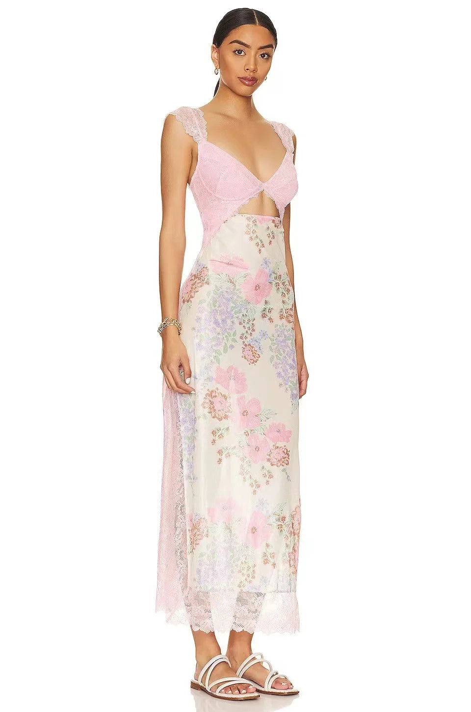 Summer New Lace Backless Shoulder Strap Splicing Slit Pattern Long Dress Women's Clothing - She Vibess By C2P