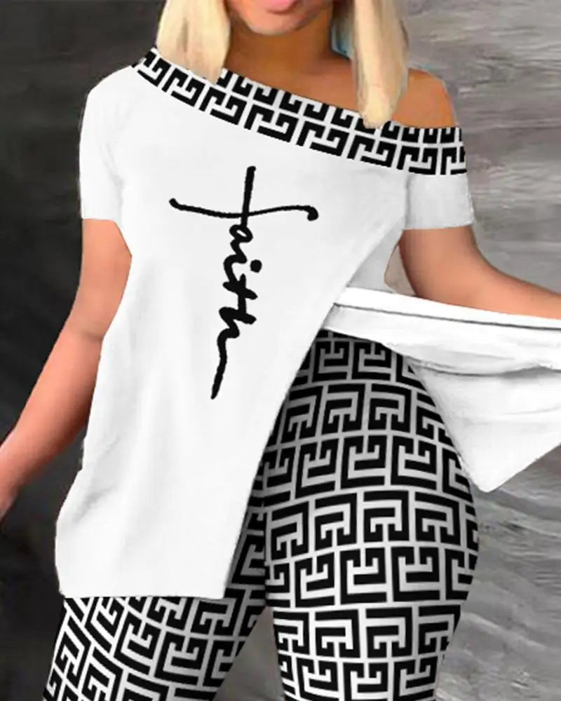 Elegant Women Two Piece Set Suits New Fashion Printed Ruffle Sleeve Top Solid Color Pants Set With Belt Blouses Female Clothing - She Vibess By C2P