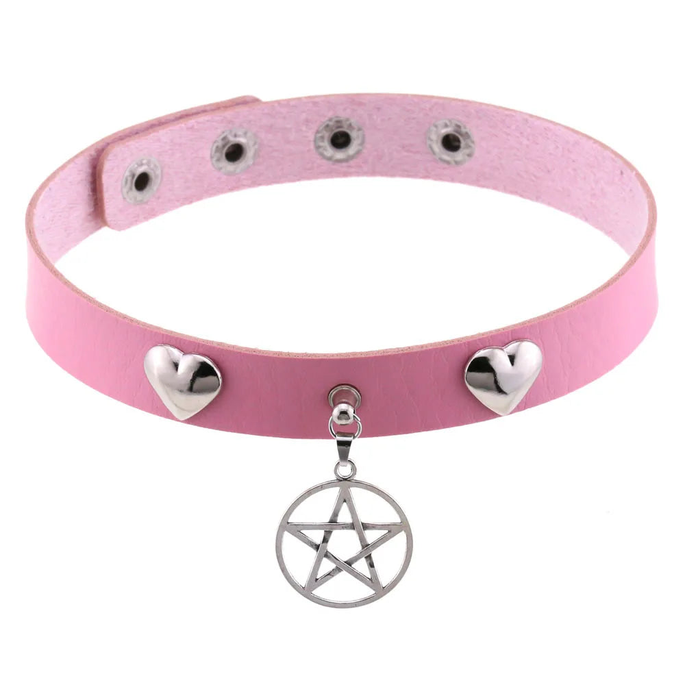 DIEZI Harajuku Pink PU Leather Star Heart Flower Choker Necklace Torques For Women Men Gothic Pink PU Leather -I’m Over 21 - She Vibess By C2P