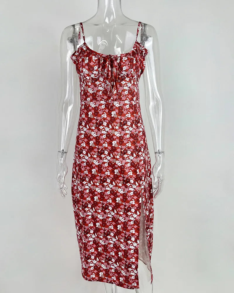 Flower Printed Spaghetti Strap Dresses For Women Sexy Low Cut Beach Party Slim Slit Dress Chic Bodycon Lady Sleeveless Vestidos - She Vibess By C2P