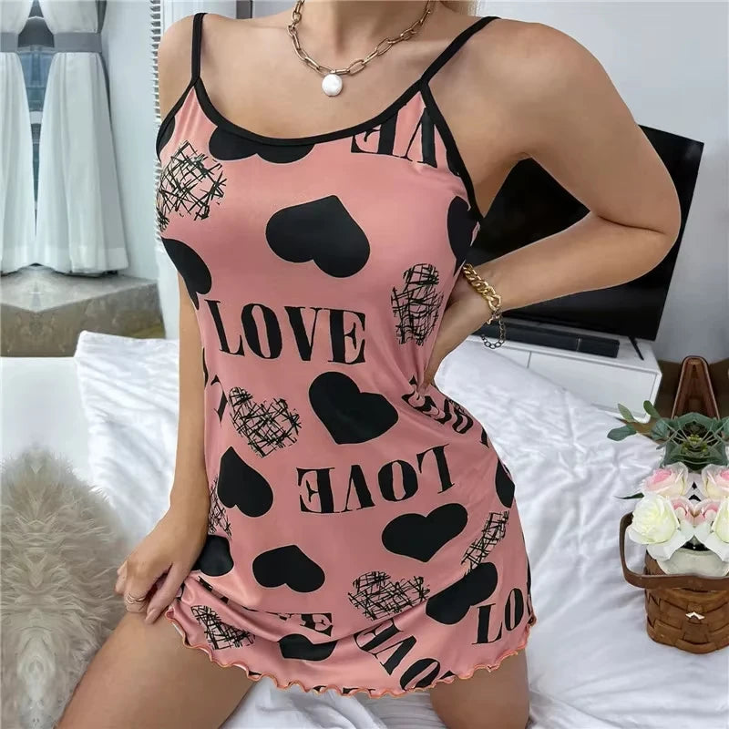 Summer New Women's Nightgown Beauty Back Thin Section Of Home Wear Sexy Halter Short Skirt Love Cartoon Cute Printing Pajamas - She Vibess By C2P