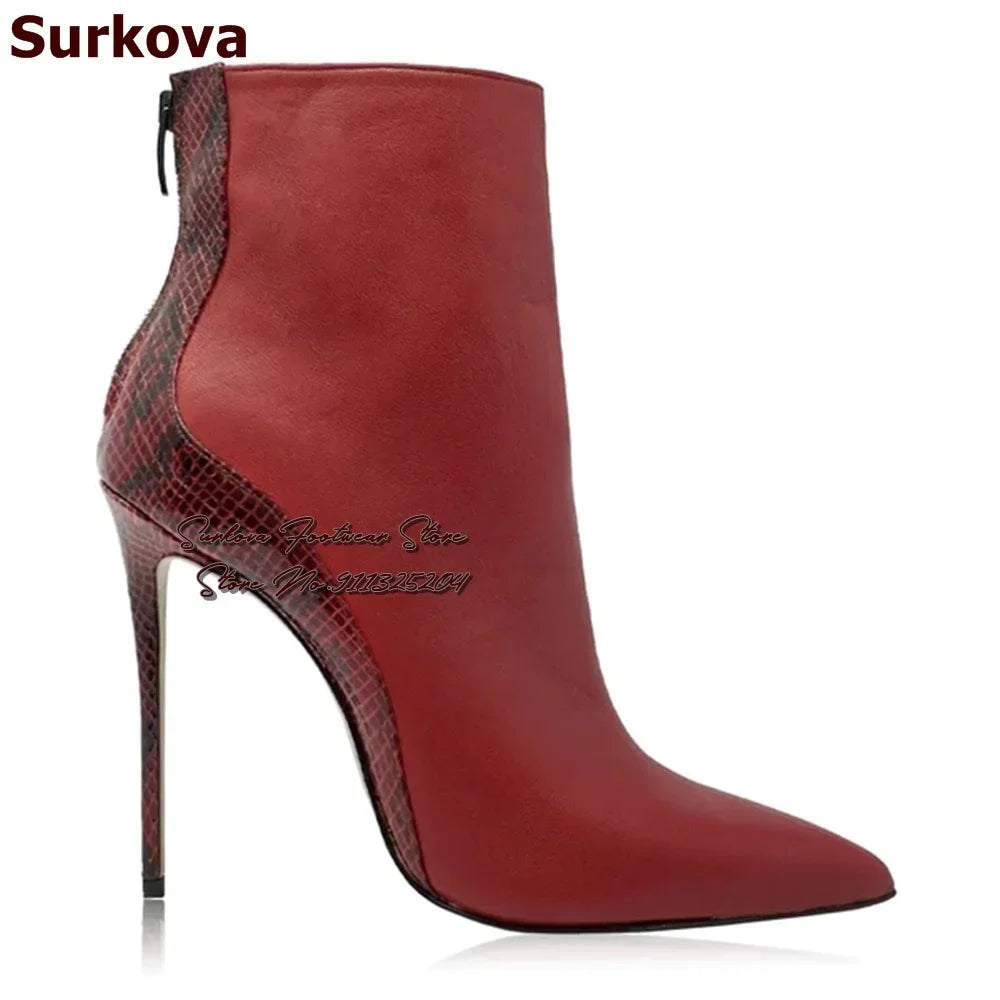 Surkova Red Snakeskin Patchwork Suede Pointed Toe Ankle Boots Women Python Thin High Heel Short Booties Back Zipper Dress Shoes - She Vibess By C2P