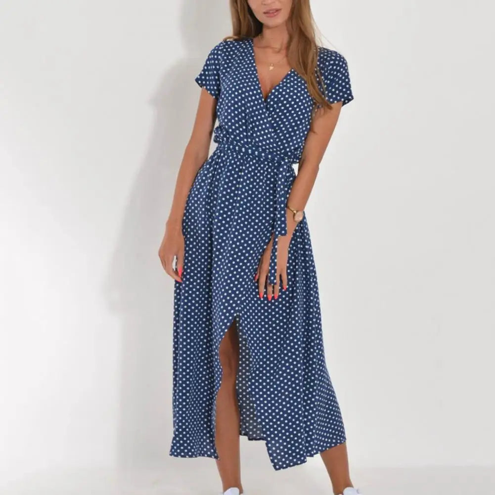 Lady Midi Dress Contrast Color Summer Vacation Holiday Lady Midi Dress Split Dot Print Summer Beach Dress Female Clothes - She Vibess By C2P