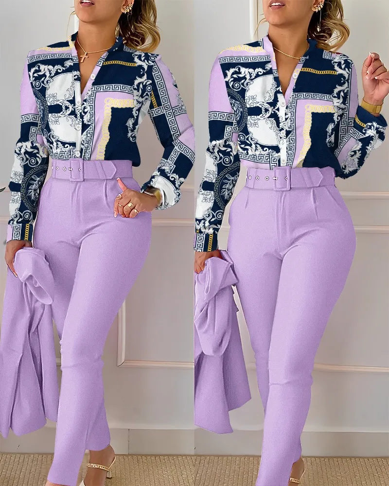 Autumn Winter Stand Neck Floral Print Long Sleeve Shirt Pants Two Piece Sets Elegant Women Casual Shirt Trousers Suits With Belt - She Vibess By C2P